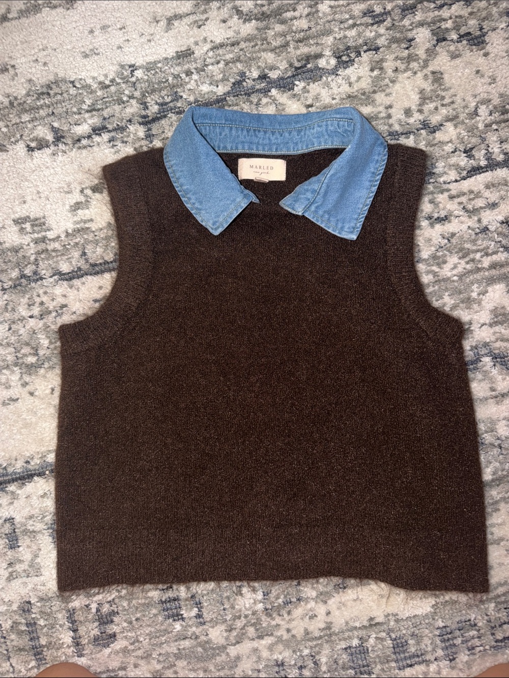 Brown Sleeveless V-Neck Sweater Vest with Denim Collar Accent